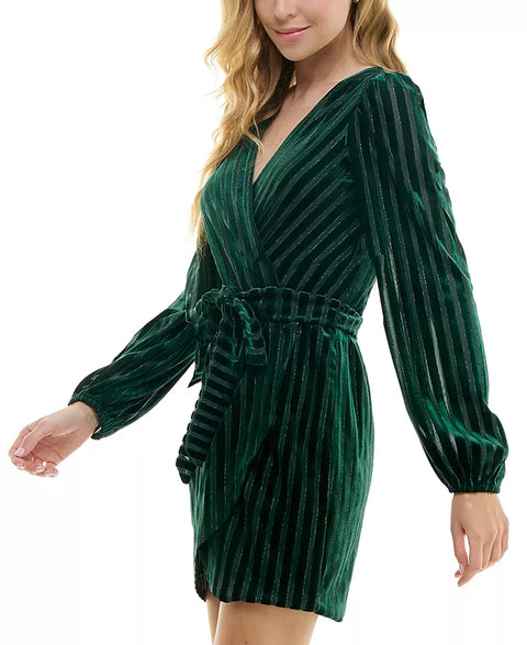 City Studios Women's Glitter Long-Sleeve Velvet Wrap Dress |City Studios In Lebanon