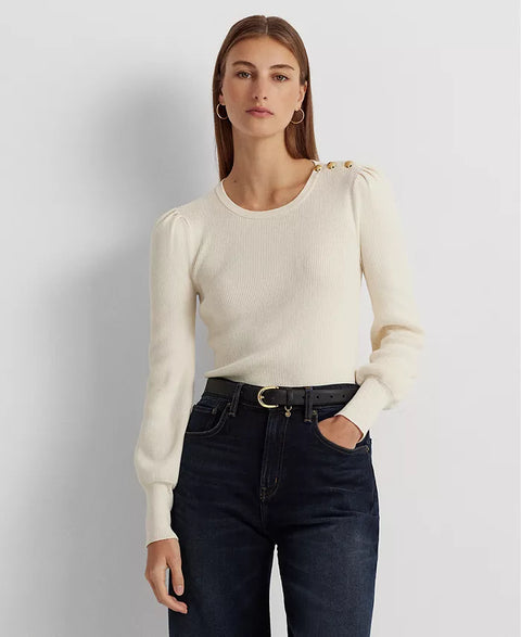 Lauren Ralph Lauren Women's Off-White Button-Trim Ribbed Cotton-Blend Blouse | Lauren Ralph Lauren In Lebanon