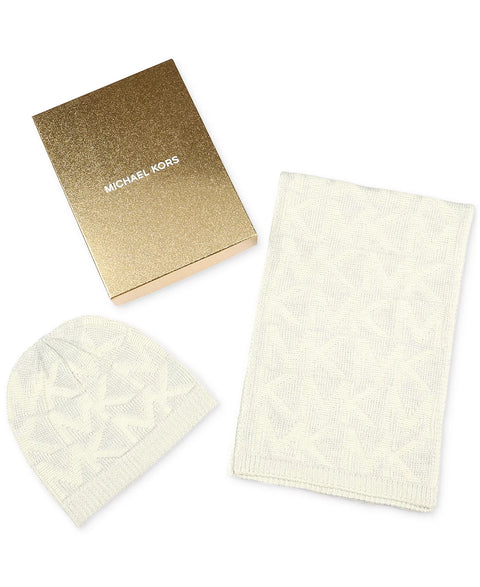 Michael Kors Women's Off White Debossed Knit Metallic Beanie & Scarf Set | Michael Kors In Lebanon