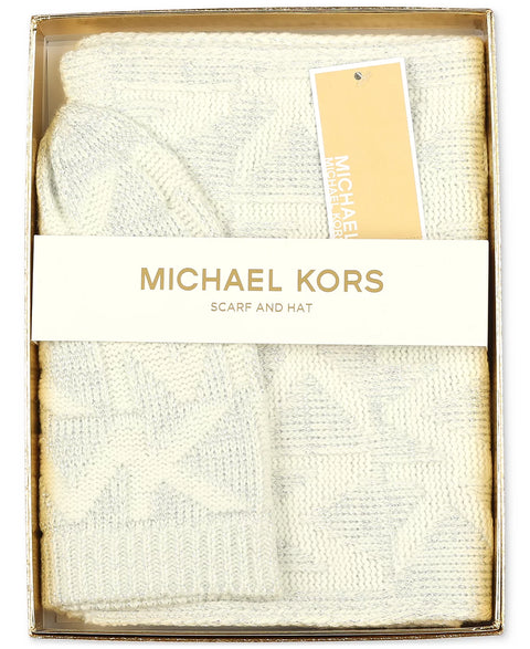 Michael Kors Women's Off White Debossed Knit Metallic Beanie & Scarf Set | Michael Kors In Lebanon