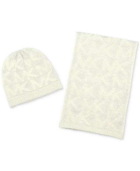 Michael Kors Women's Off White Debossed Knit Metallic Beanie & Scarf Set | Michael Kors In Lebanon