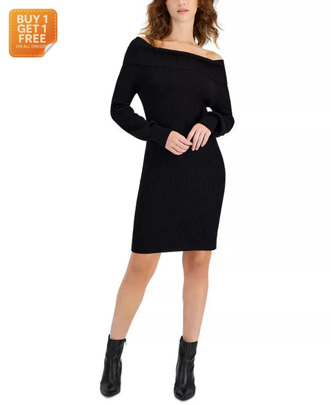 Hippie Rose Women's Black Juniors' Off-The-Shoulder Long-Sleeve Sweater Dress | Hippie Rose In Lebanon