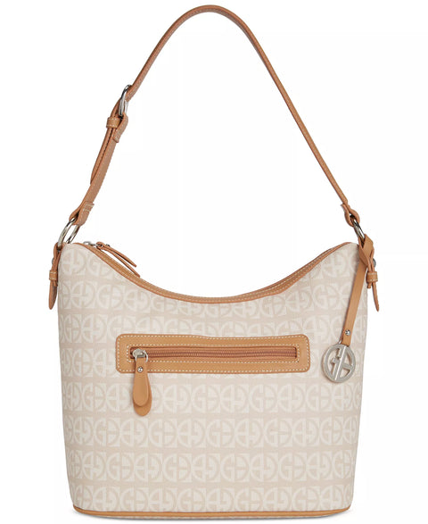 Beige handbag with brown accents on a white background