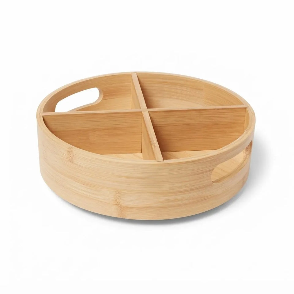 A round bamboo spice container tray with four compartments and two side handles, shown on a clean white background.