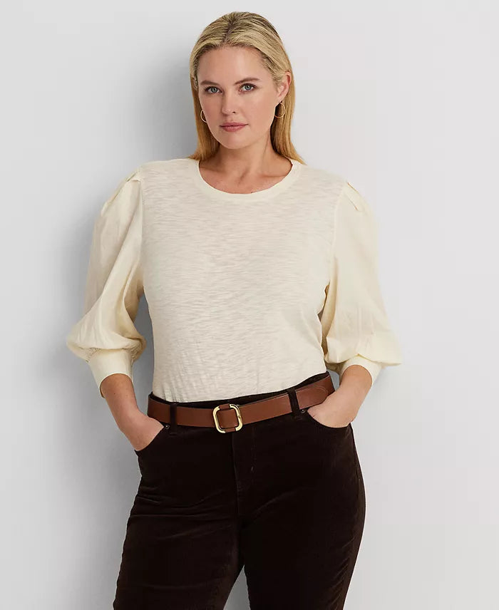 Lauren Ralph Lauren Women's Light Yellow Lace-Up Stretch Cotton Puff-Sleeve Blouse |Lauren Ralph Lauren In Lebanon