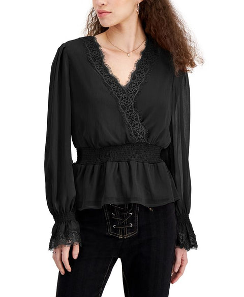 Self Esteem Women's Black Lace-Trim Bell-Sleeve Peasant Blouse | Self Esteem In Lebanon