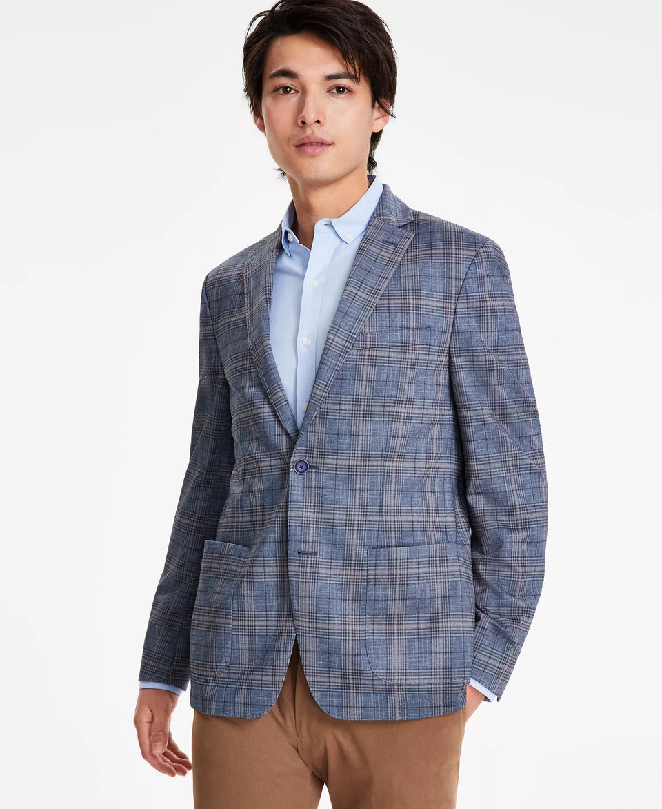 Bar III Men's Blue Tan Plaid Knit Slim-Fit Blazer | Bar III in Lebanon