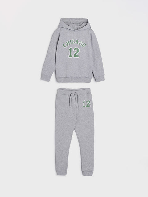 Gray hoodie and jogger set with 'Chicago 12' text on a white background