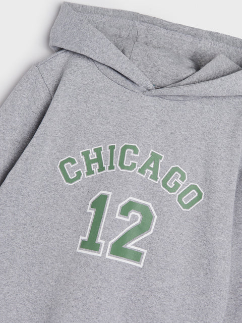 Gray hoodie with 'Chicago 12' text in green on a light gray background
