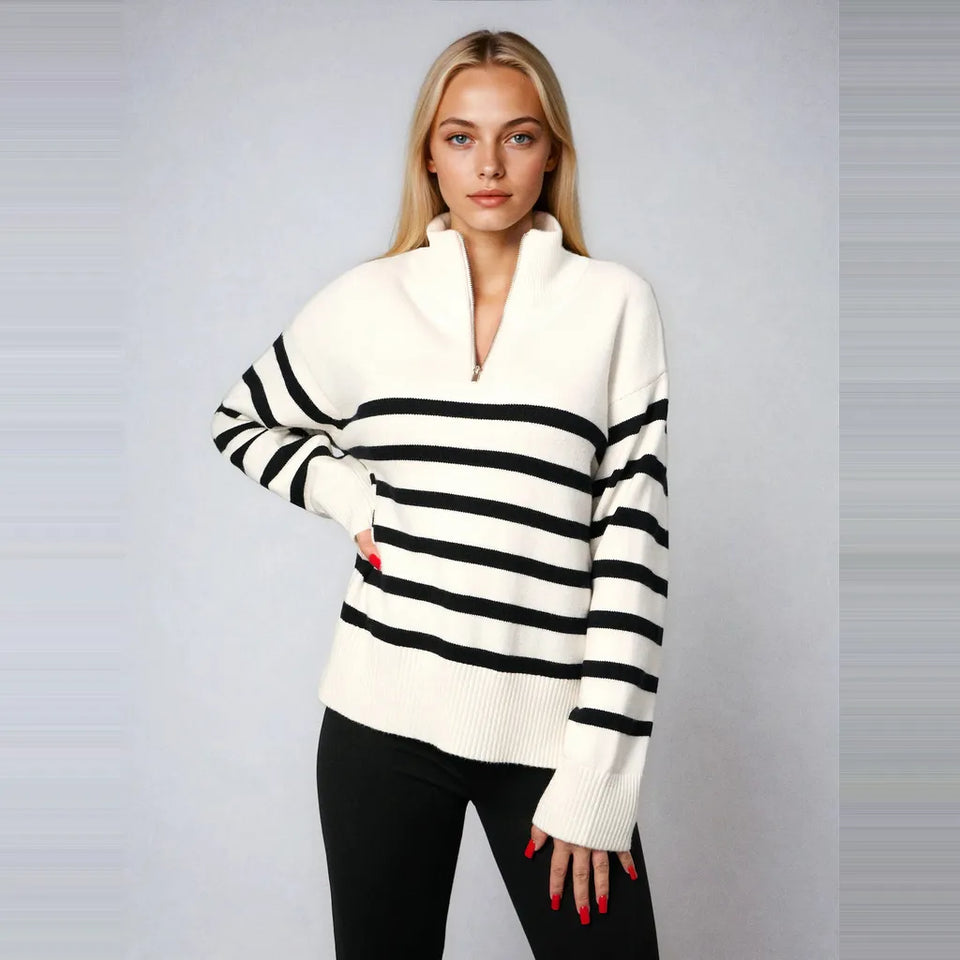 Sinsay Women's White Black Stripe Half-zip & Slit Sides Blouse