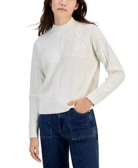 Hippie Rose Women's White Mock-Neck Mixed-Stitch Sweater |Hippie Rose In Lebanon
