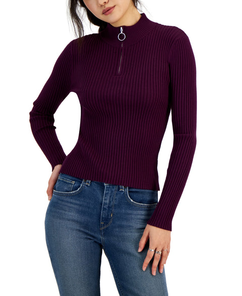 Hooked Up Women's  Plum Rib-Knit Quarter-Zip Blouse |Hooked Up In Lebanon