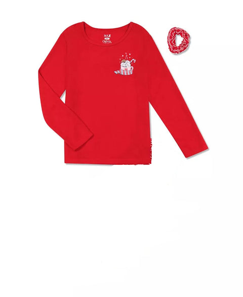 Max & Olivia Girl's Red Long Sleeve Blouse With Hair Scrunchie |Max & Olivia In Lebanon