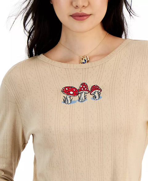 Rebellious One Women's Beige Long-Sleeve Mushroom T-Shirt  | Rebellious One In Lebanon