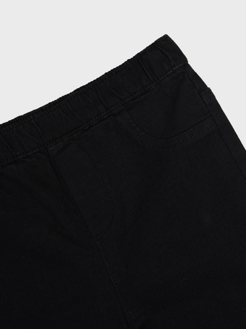 Close-up of black pants on a light gray background