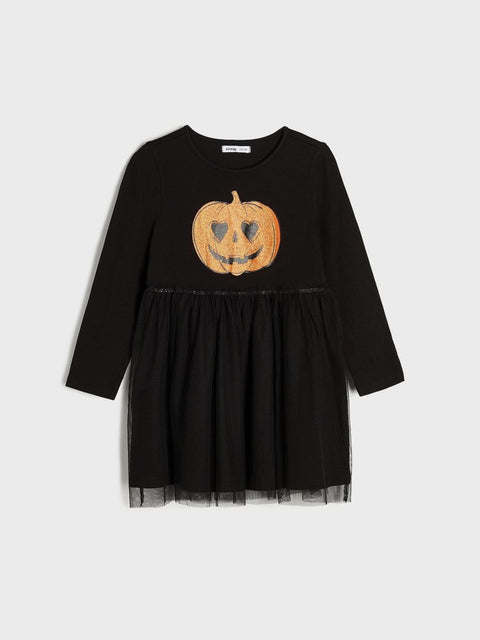 Sinsay Baby Girl's Black Pumpkin Print Mesh Long Sleeve Dress |Sinsay In Lebanon