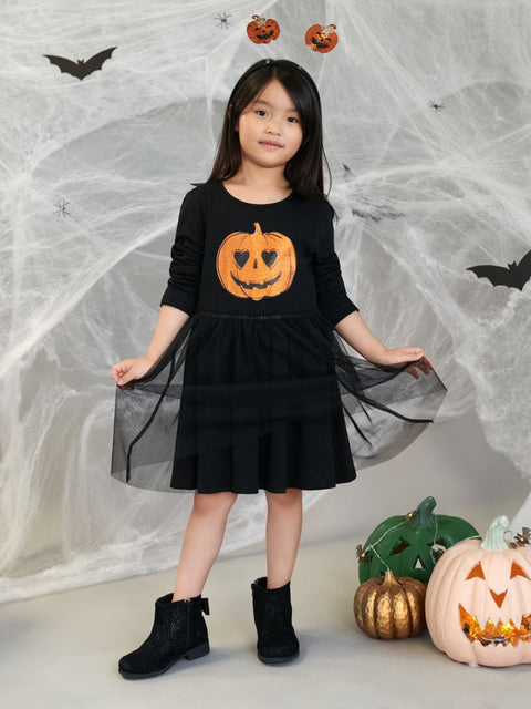 Sinsay Baby Girl's Black Pumpkin Print Mesh Long Sleeve Dress |Sinsay In Lebanon