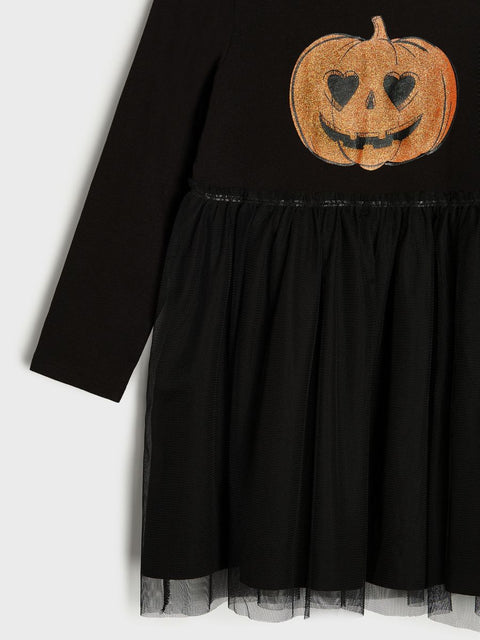 Sinsay Baby Girl's Black Pumpkin Print Mesh Long Sleeve Dress |Sinsay In Lebanon