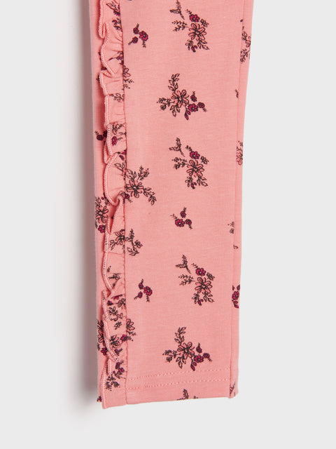 Close-up of pink pants with floral pattern on a white background