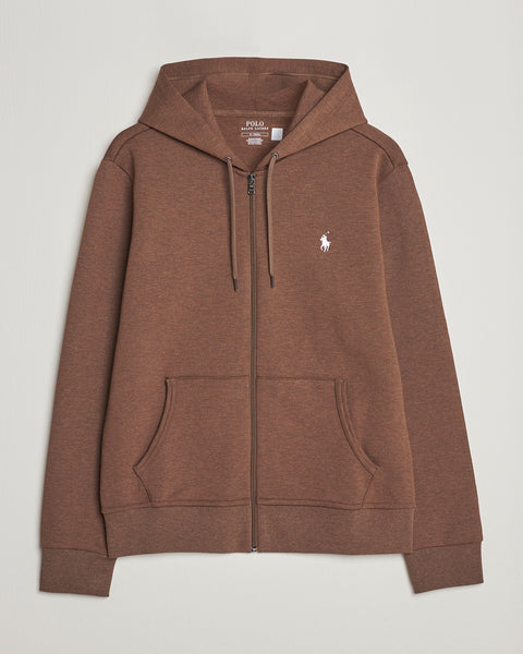 Brown hoodie with a small logo on a light gray background