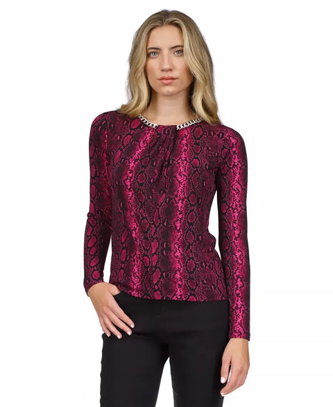 Michael Kors Women's Purple Snake Printed Chain Necklace Long Sleeve Blouse |Michael Kors In Lebanon