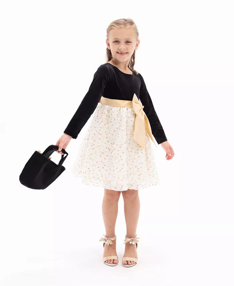Rare Editions Baby Girl's Black & White Long Sleeve Velvet and Soutache Social Dress |Rare Editions In Lebanon