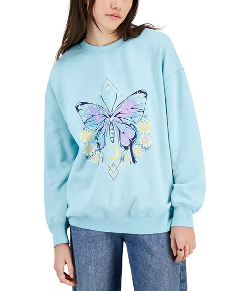 Rebellious One Women's Green Floral Butterfly Crewneck Fleece Sweatshirt | Rebellious One In Lebanon
