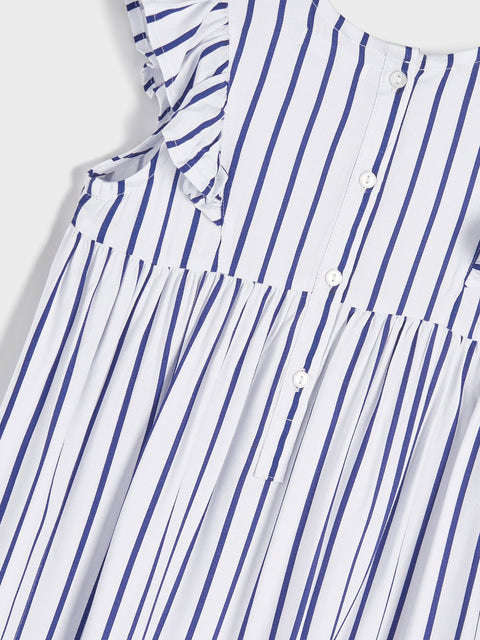 Close-up of a white shirt with blue vertical stripes on a white background