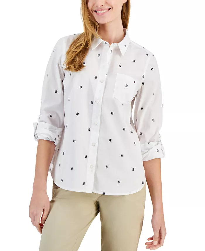 Tommy Hilfiger Women's White Cotton Monogram-Logo Tabbed Shirt|Tommy Hilfiger In Lebanon