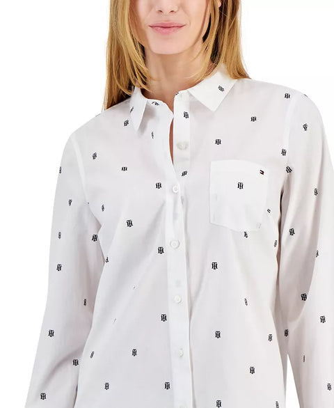 Tommy Hilfiger Women's White Cotton Monogram-Logo Tabbed Shirt|Tommy Hilfiger In Lebanon