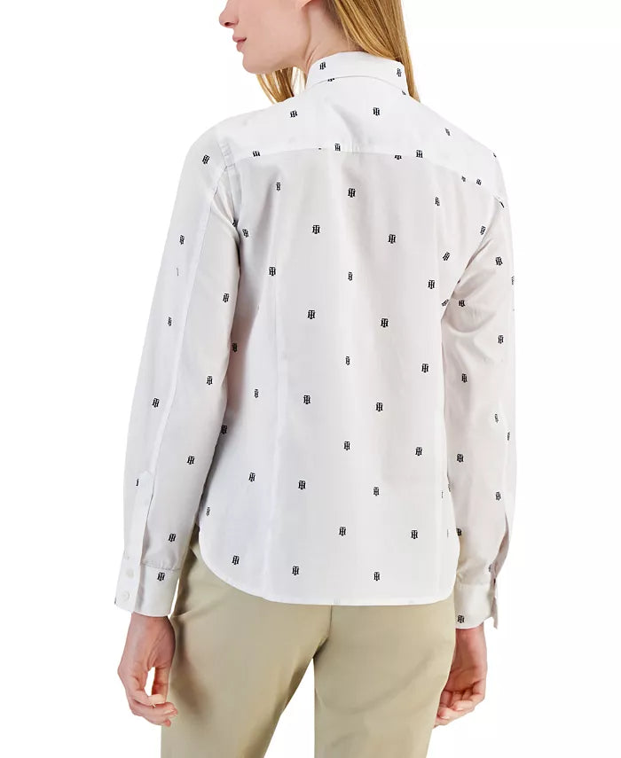 Tommy Hilfiger Women's White Cotton Monogram-Logo Tabbed Shirt|Tommy Hilfiger In Lebanon