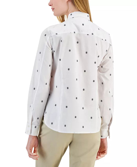 Tommy Hilfiger Women's White Cotton Monogram-Logo Tabbed Shirt|Tommy Hilfiger In Lebanon