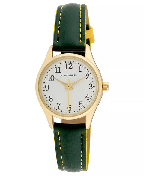 Wristwatch with green strap and gold case on white background