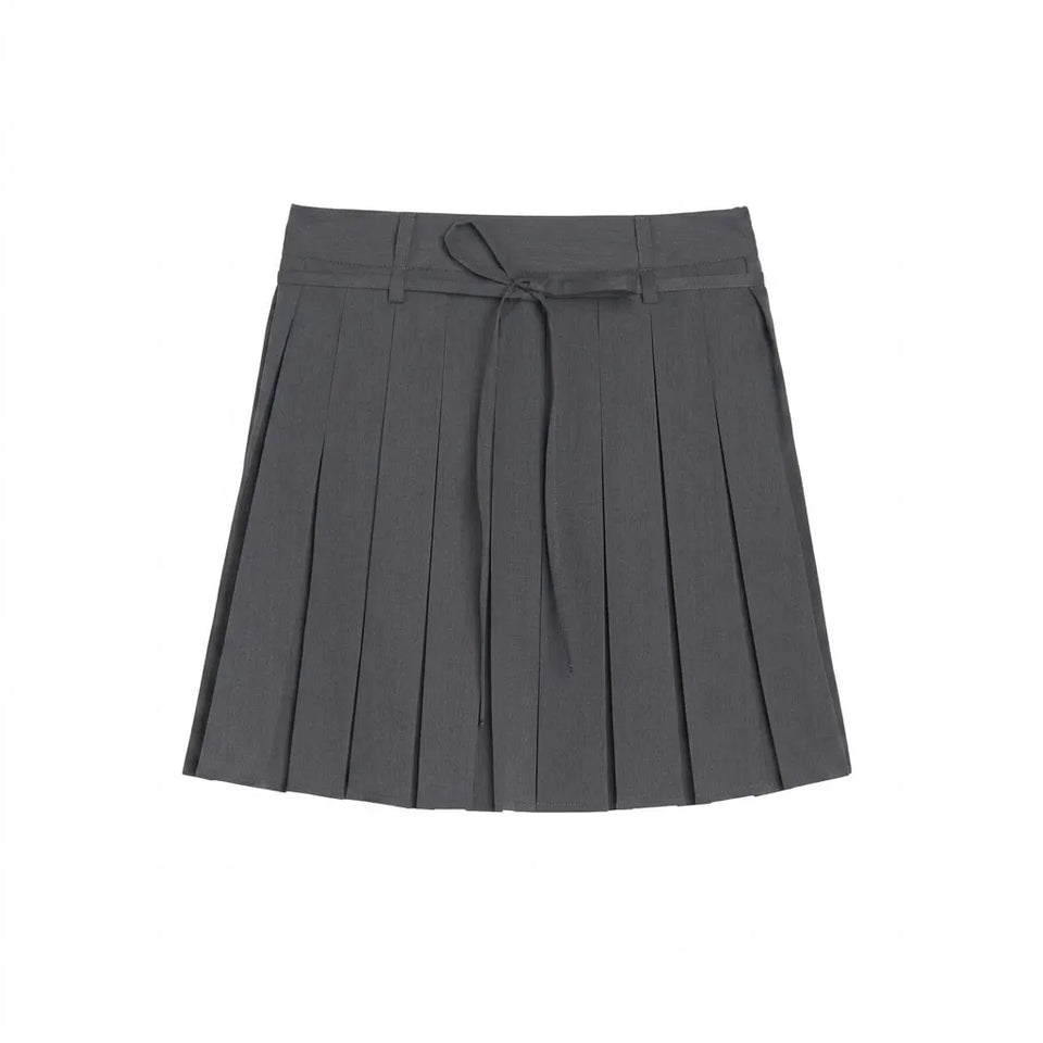 A dark gray pleated mini skirt with a matching fabric tie belt at the waist, shown flat against a solid white background.