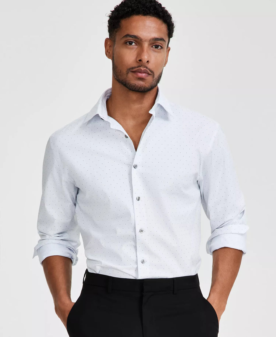 Alfani Men's White Regular-Fit Temperature Regulating Geo-Print Dress Shirt | Alfani In Lebanon