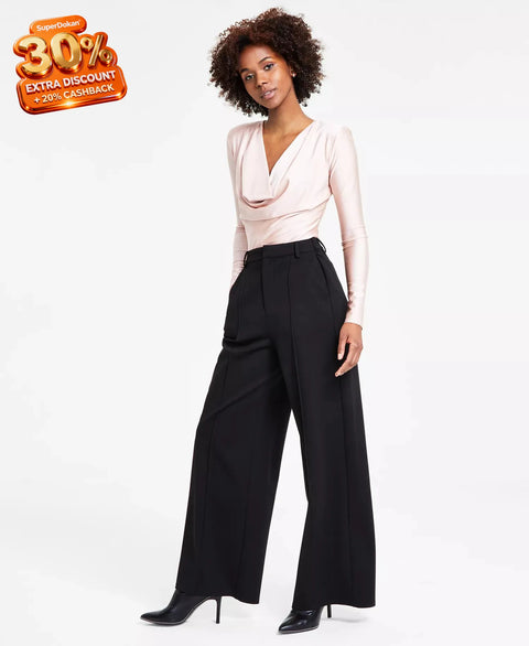 Bar III Women's Black Petite High-Leg Wide-Leg Seamed Ponte Pants | Bar III In Lebanon