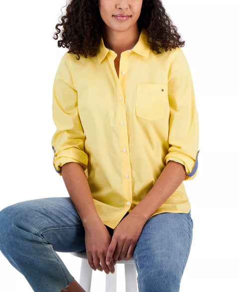 Tommy Hilfiger Women's Yellow Cotton Roll-Tab Button-Up Shirt| Tommy Hilfiger In Lebanon