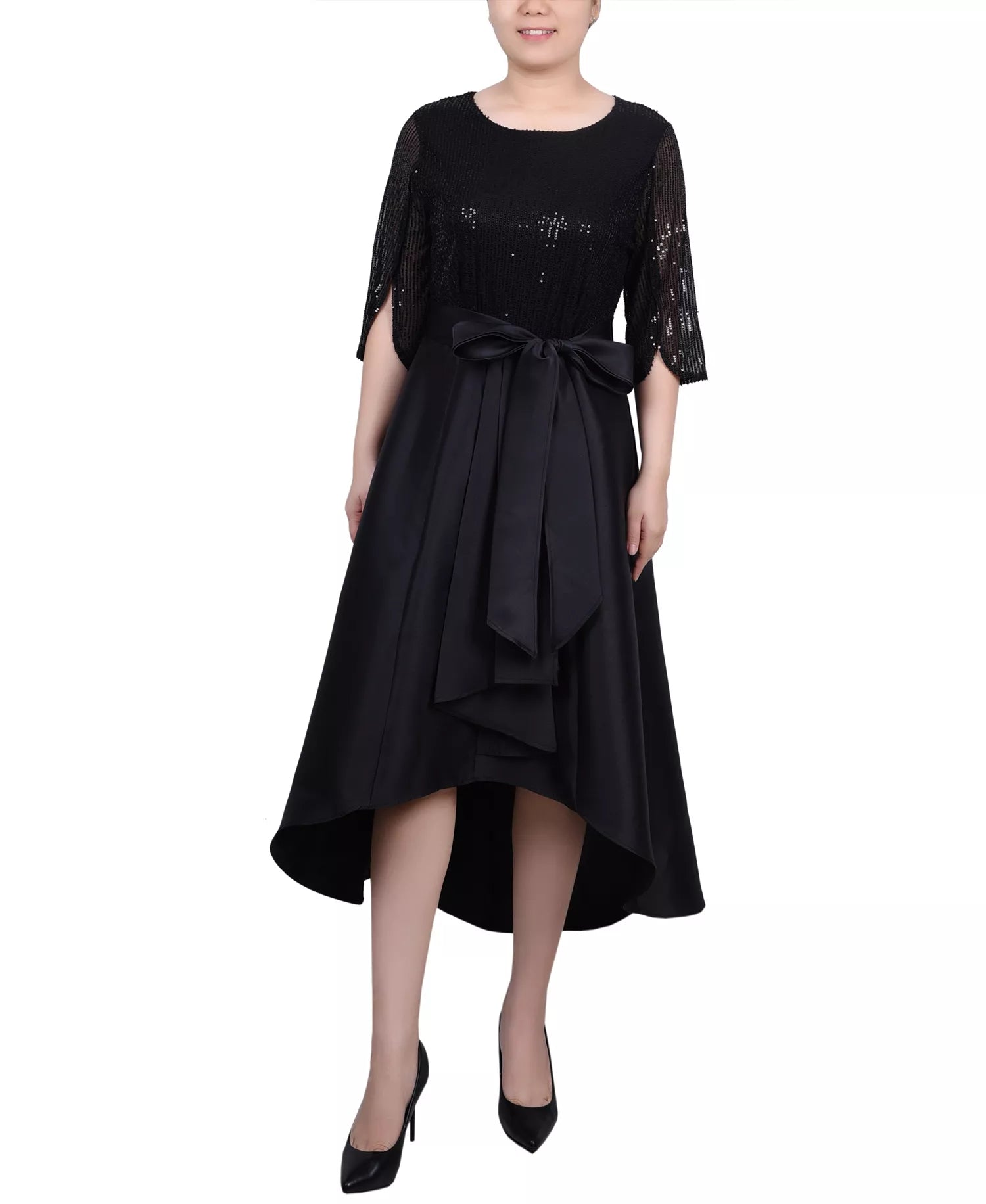 NY Collection Women's Black Sequin and Jacquard Hi-Low Holiday Dress  | NY Collection  in Lebanon