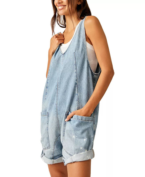 Free People Women's Light Blue Cotton High Roller V-Neck Romper |Free People In Lebanon