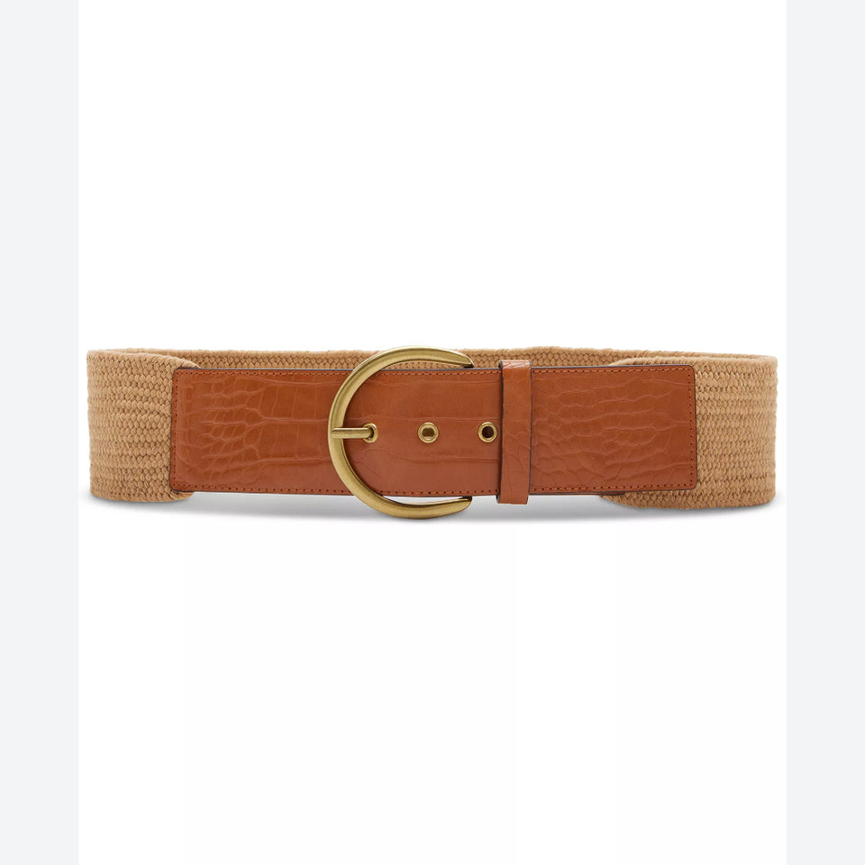 Steve Madden Women's Beige /Brown Croc-Embossed Stretch Belt
