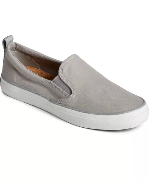 Gray slip-on shoe with white sole on a white background