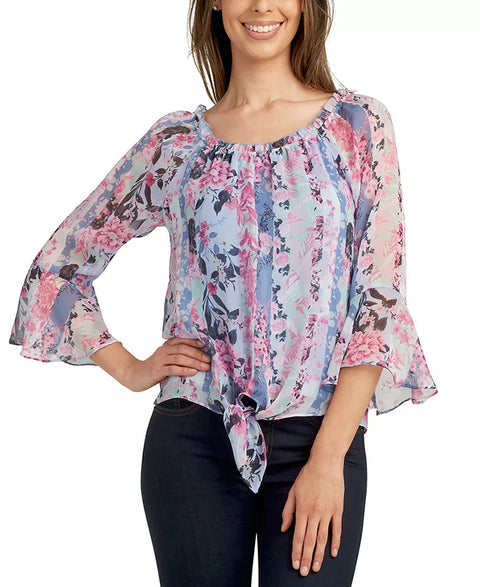 BCX Women's Multicolor Printed Bell-Sleeve Tie-Front Peasant Blouse | BCX in Lebanon