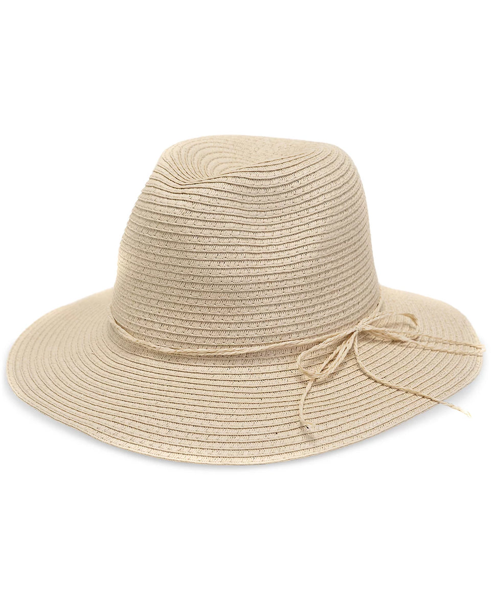 Beige straw hat with a tie on a white background