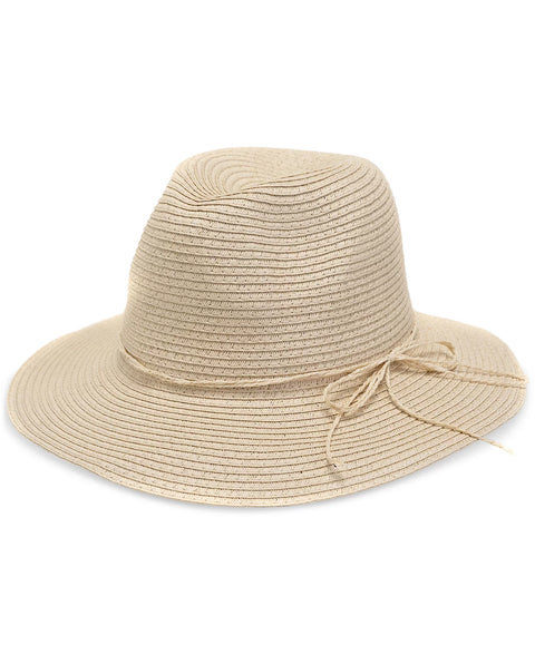 Beige straw hat with a tie on a white background