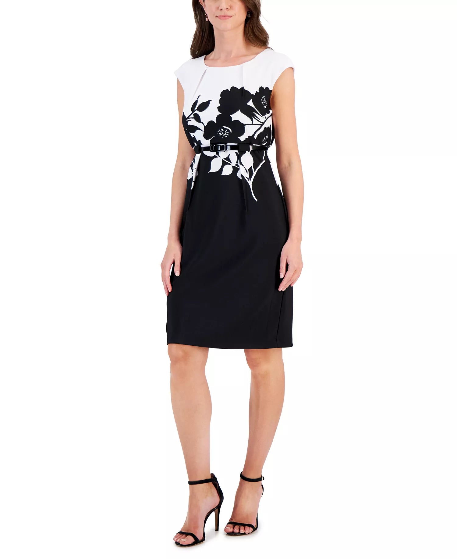 Connected Apparel Women's Black/White Scuba-Crepe Cap-Sleeve Sheath  Dress| Connected Apparel in Lebanon