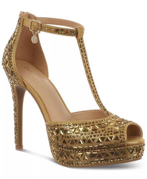 Thalia Sodi Women's Gold  Chacey Embellished T-Strap Platform Pumps Heeled Sandals | Thalia Sodi in Lebanon