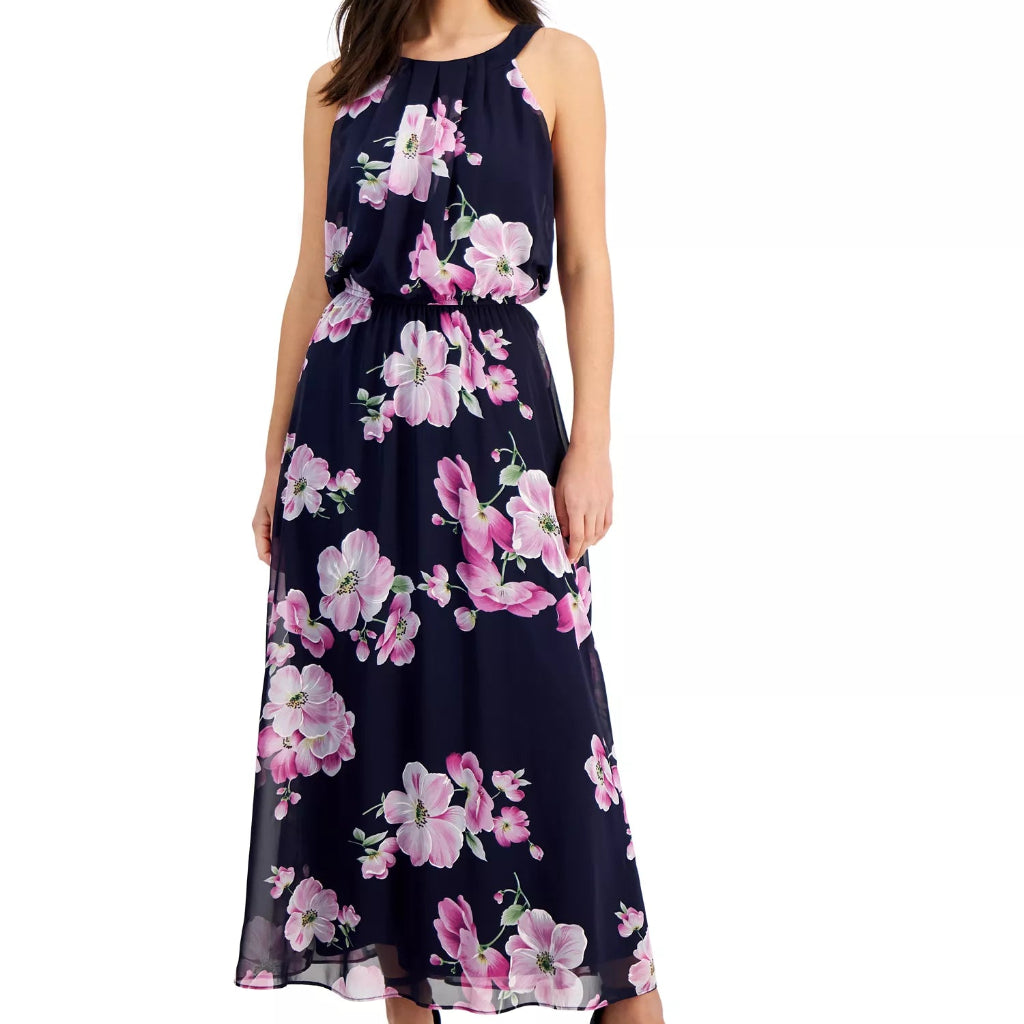 Signature Women's Navy Floral Print Sleeveless Maxi Dress