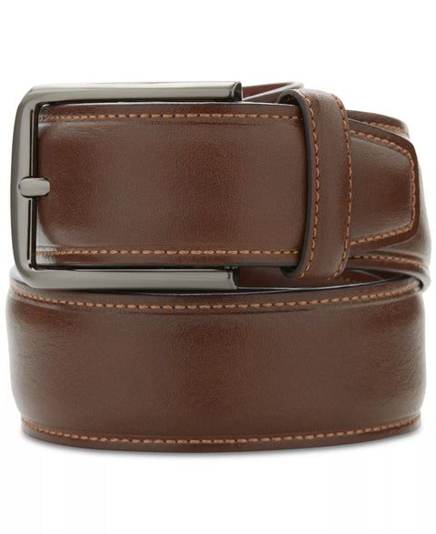 Brown leather belt with a silver buckle on a white background