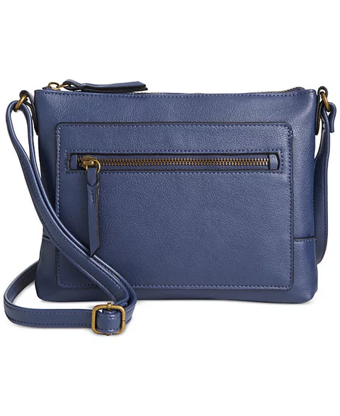 Blue leather crossbody bag with gold accents on a white background