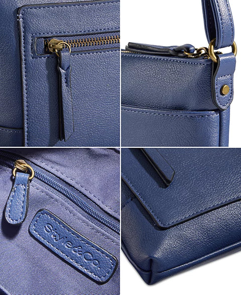 Collage of a blue handbag with gold accents, featuring close-up details.